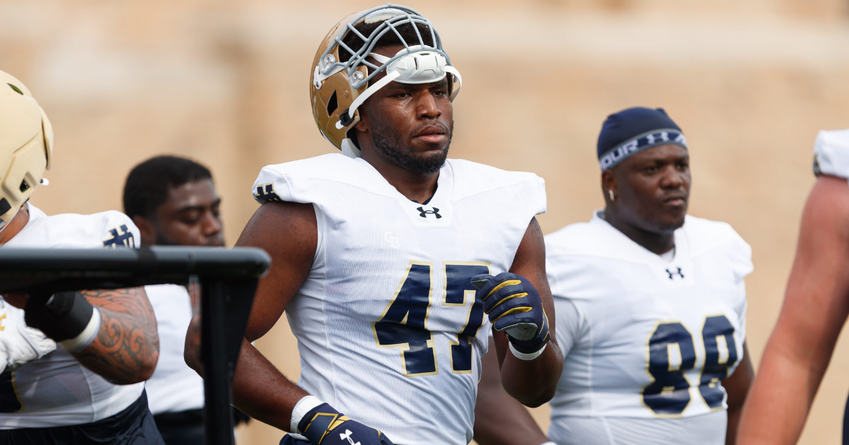 Notre Dame defensive tackle Jason Onye. (MICHAEL CLUBB/SOUTH BEND TRIBUNE / USA TODAY NETWORK via Imagn Images)