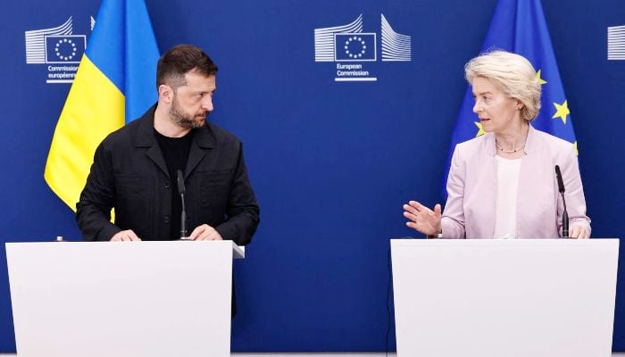 Ukraine's President Volodymyr Zelensky and European Commission President Ursula Von der Leyen attend a joint press conference in Brussels, on August 17, 2025. — AFP