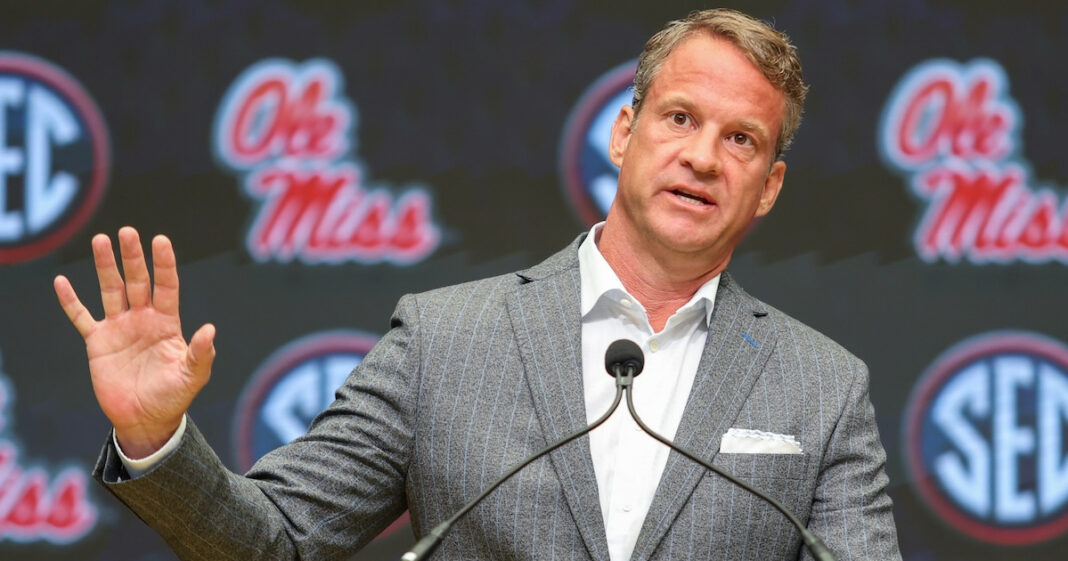 Jul 14, 2025; Atlanta, GA, USA; Ole Miss Rebels head coach Lane Kiffin speaks to the media during SEC Media Day at Omni Atlanta Hotel. Mandatory Credit: Jordan Godfree-Imagn Images