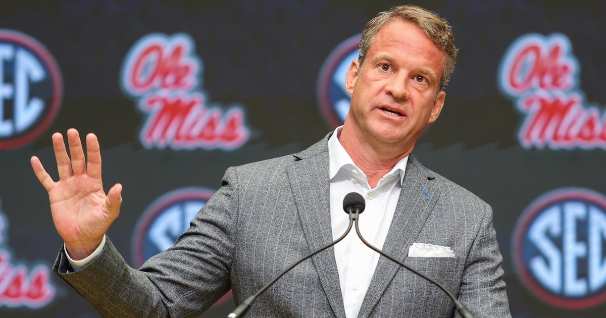 Jul 14, 2025; Atlanta, GA, USA; Ole Miss Rebels head coach Lane Kiffin speaks to the media during SEC Media Day at Omni Atlanta Hotel. Mandatory Credit: Jordan Godfree-Imagn Images