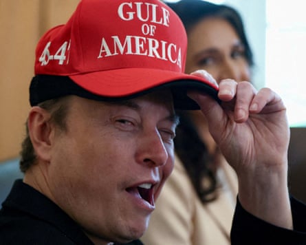 Elon Musk wearing a 'Gulf of America' baseball cap winks at the camera